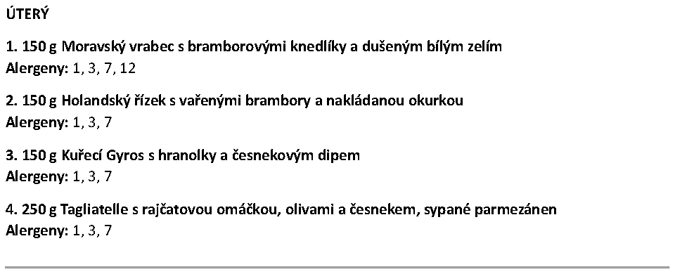 Nabídka jídel na úterý